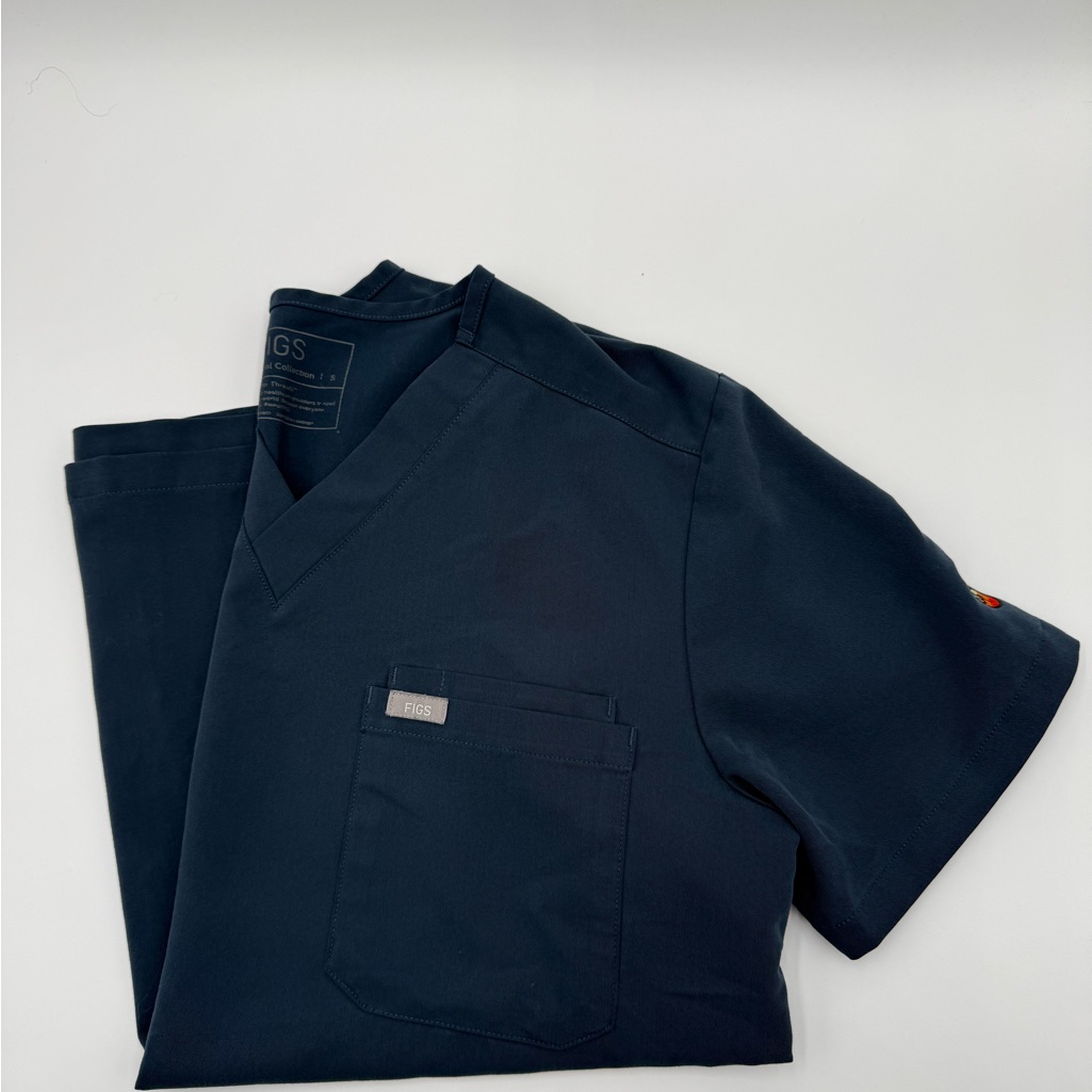 Figs Deep Blue Scrub Top With Embroidered Sleeve